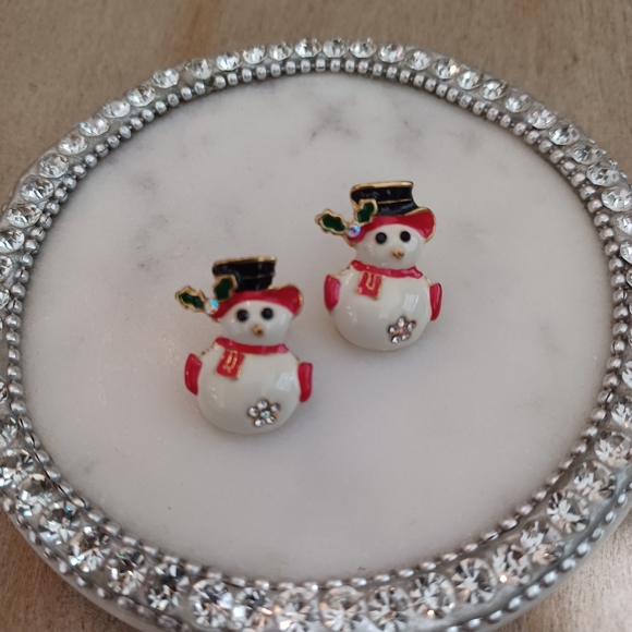 Red & Black Winter Rhinestone Holly Snowman Stud Earrings - Picture 1 of 5